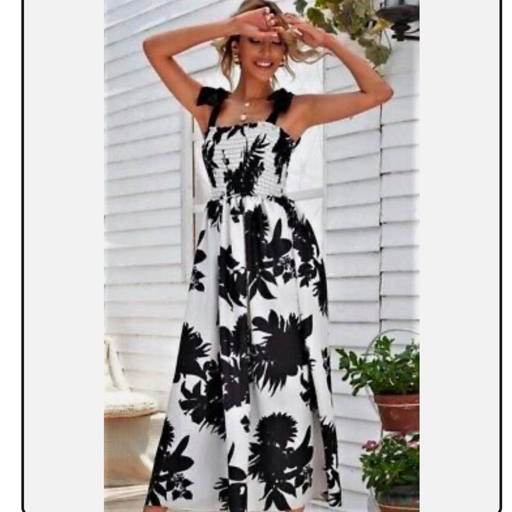 Zara black and white linen floral dress